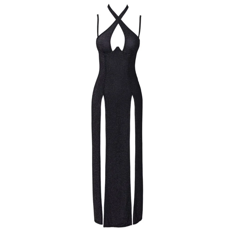 Robe longue à décolleté plongeant noire argentée - Cottelli PARTY