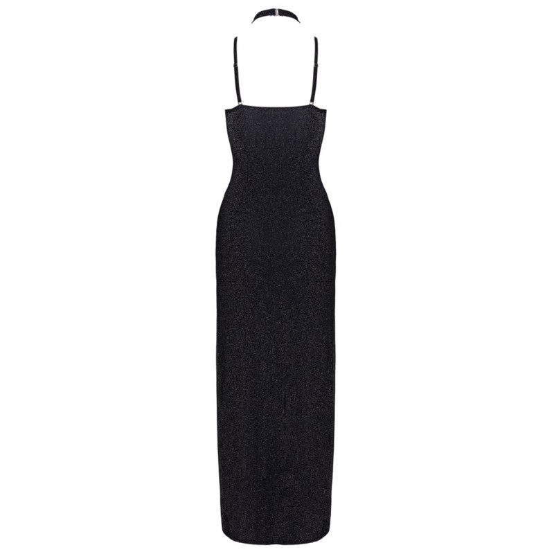 Robe longue à décolleté plongeant noire argentée - Cottelli PARTY
