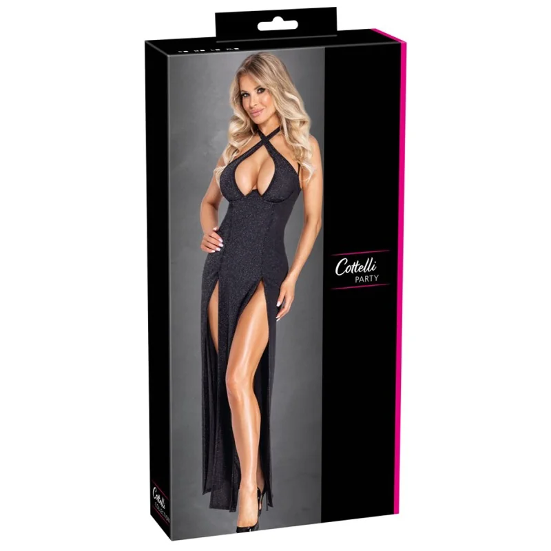 Robe longue à décolleté plongeant noire argentée - Cottelli PARTY