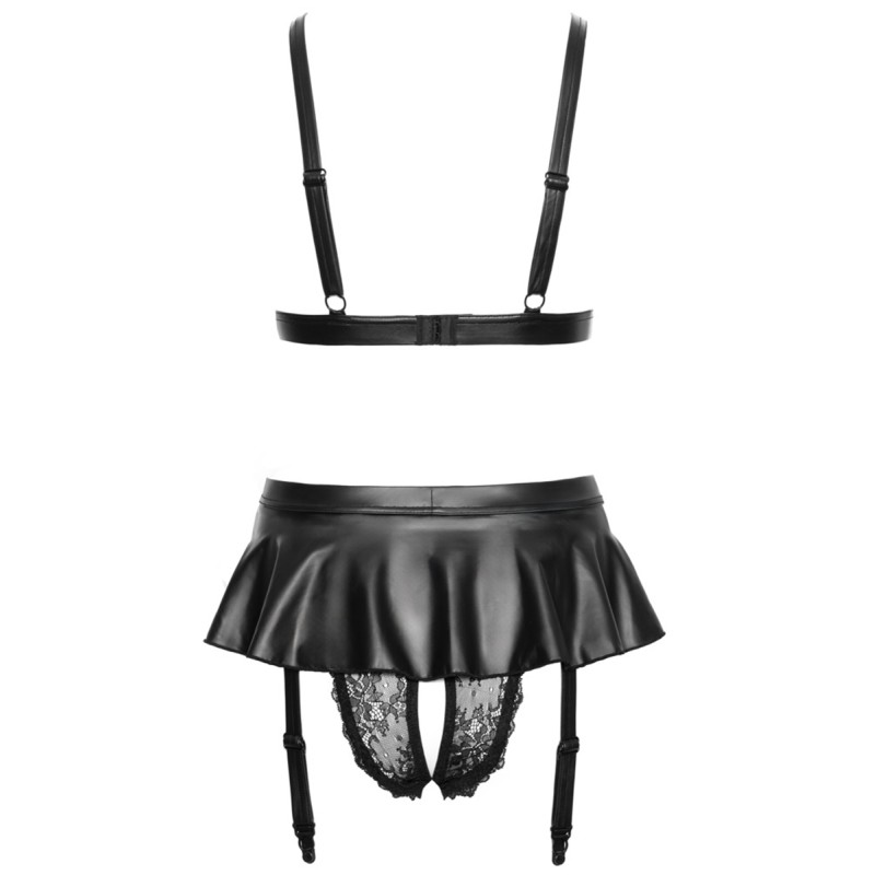 Soutien-gorge et slip fendu à jarretelles noir - Cottelli LINGERIE