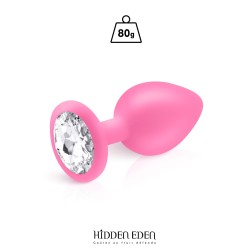 Plug anal bijou rose Hidden Eden - Strass transparent, silicone doux 9,3 cm