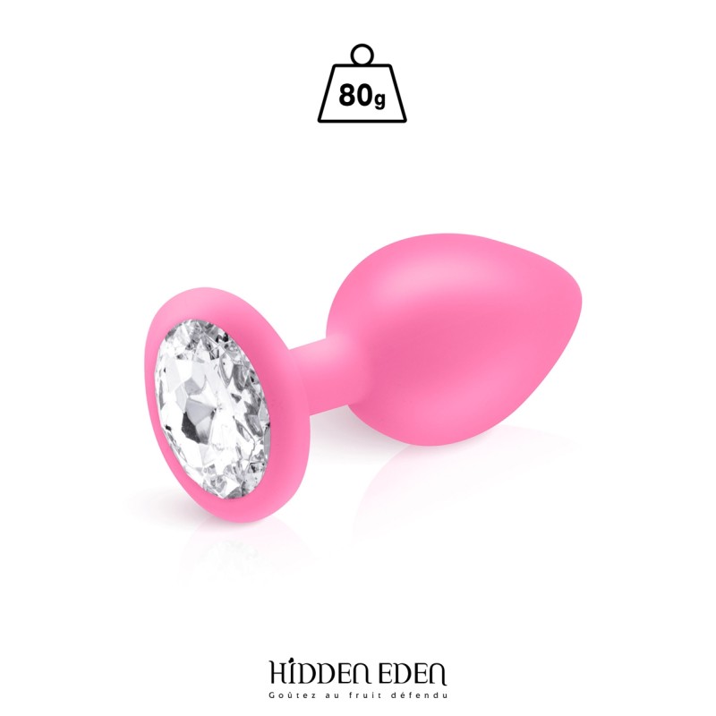 Plug anal bijou rose Hidden Eden - Strass transparent, silicone doux 9,3 cm