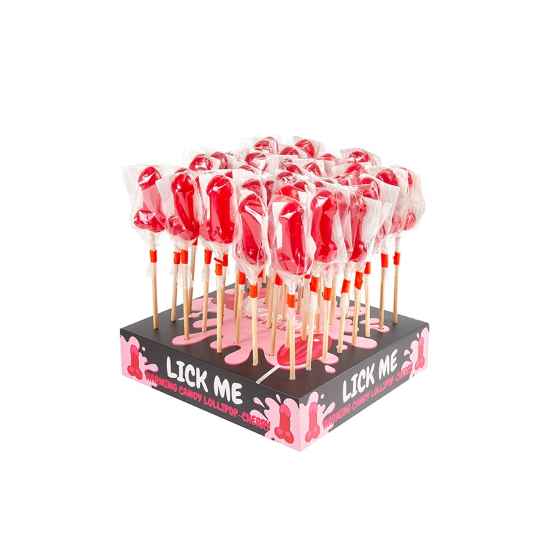 Présentoir de 40 sucettes pénis à la cerise avec effet chauffant épicé